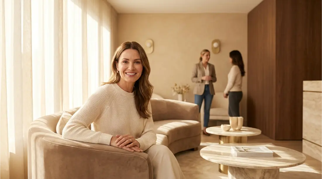Relaxed patient waiting in a softly lit clinic lounge