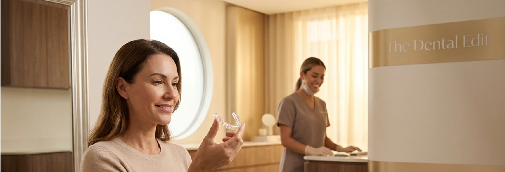 Smiling patient being welcomed at a light, modern dental reception