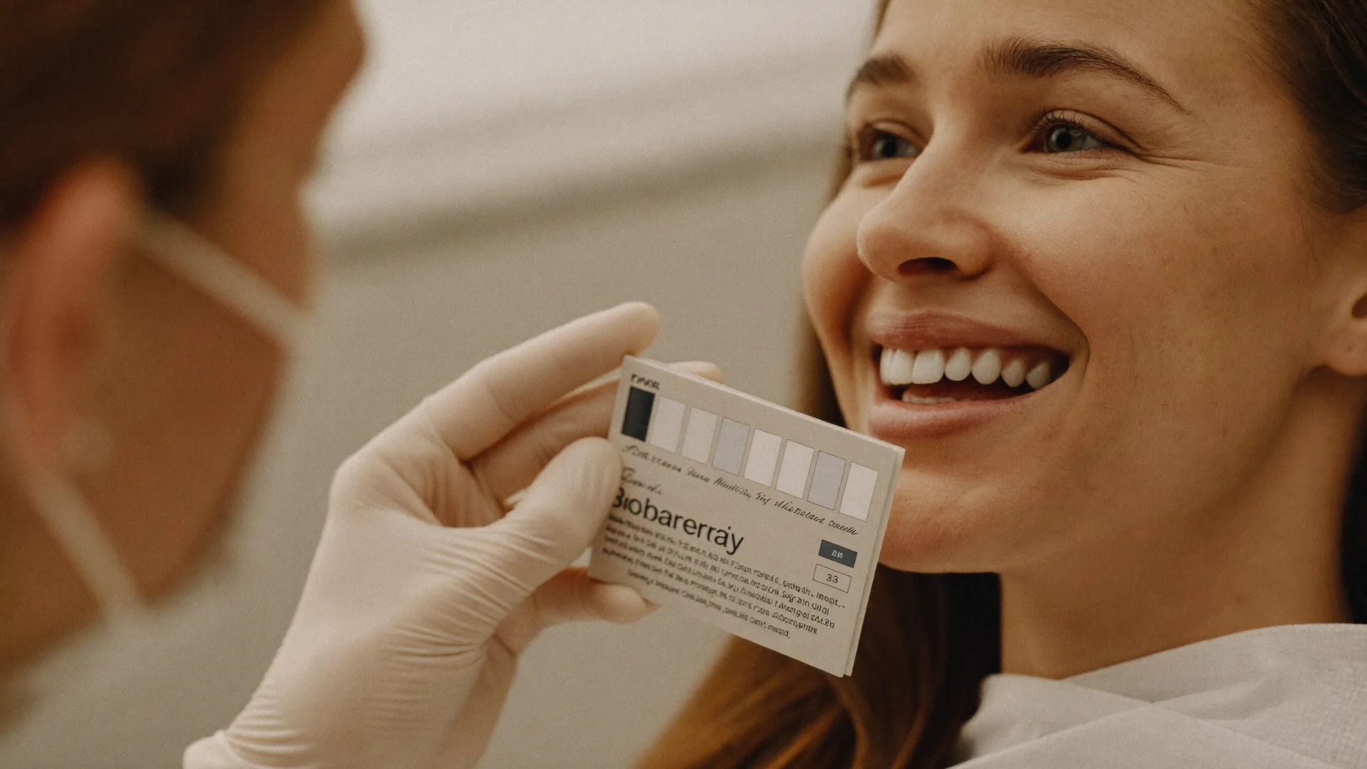 Smiling patient having her tooth shade checked for teeth whitening